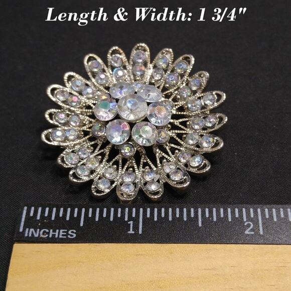 Rhinestone Flower Brooch, Aurora Borealis Clear Rhinestones, Silver Tone, 1 3/4" - Picture 5 of 7
